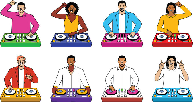 Diverse club disk jockey characters playing music on colorful turntable mixer consoles flat cartoon vector set