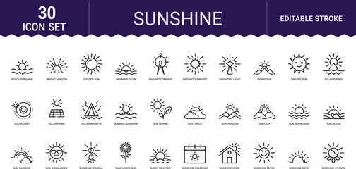 Thirty linear sunshine and weather icons showing various solar energy natural phenomena. © SHORIFULDESIGNS