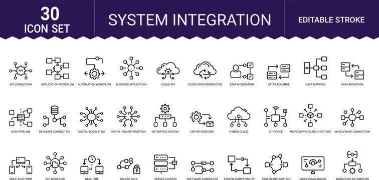 Thirty system integration icons set displaying network connectivity and data management.