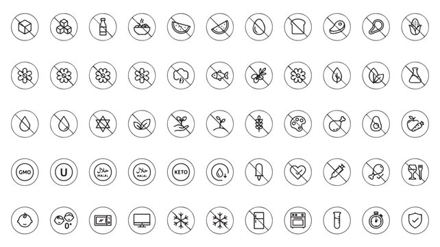 Vector set of dietary restriction icons including gluten free dairy free sugar free vegan and allergen warning symbols for food packaging labels