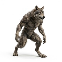 Fototapeta premium A muscular werewolf stands alert on white background with fur and sharp claws