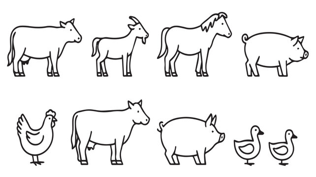 Simple Line Art Illustration of Farm Animals Collection Including Cow Pig Horse Goat and Poultry