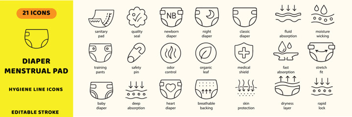 Diaper and menstrual pad hygiene vector icons set. Sanitary protection properties, infant care items, and baby absorbent nappy vector signs. Classic diaper icon. Fast absorption icon. © EMON