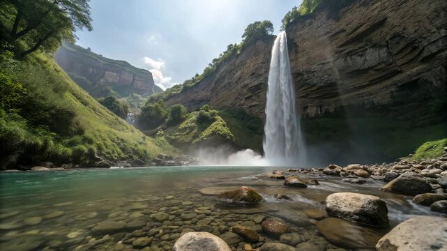 Lush jungle waterfall cascading into clear river water with sunbeams filtering through tropical foliage