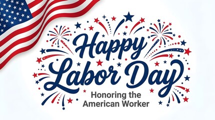 Obraz premium Happy labour day illustration american flag fireworks patriotic typography for holiday marketing