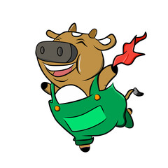Fototapeta premium Cute cow cartoon mascot wearing green overalls with a red scarf.