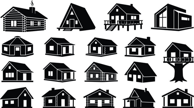 Wooden Cabin and Small House Silhouette Icon Set with A-frame Lodges, Log Huts, Yurts, Treehouses, and Modern Cottage Vectors for Camping Tourism