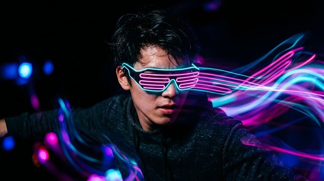 Person wearing glowing neon shutter glasses in a dark setting with light trails