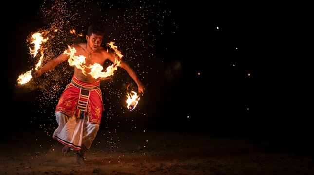 Traditional Sri Lankan fire dancer performing at night copy space