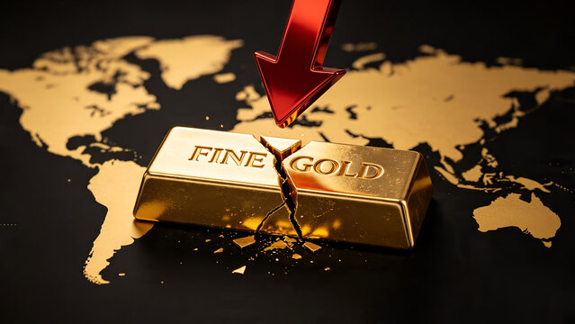 Broken fine gold bar cracked by a falling red metallic arrow over a black world map background conceptualizing financial market crash and economic recession.