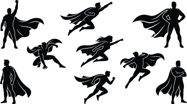 Dynamic Superhero Silhouette Collection with Flying, Posing, and Running Action Characters Wearing Capes for Comic Book Graphic Layouts and Mascot Designs