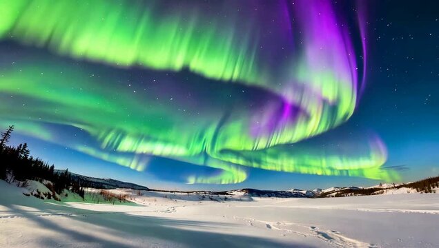 Vibrant Aurora Borealis dancing over a snowy winter mountain landscape