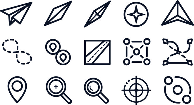 Map navigation and location tracking linear icons collection featuring paper plane route pins compass and search symbols