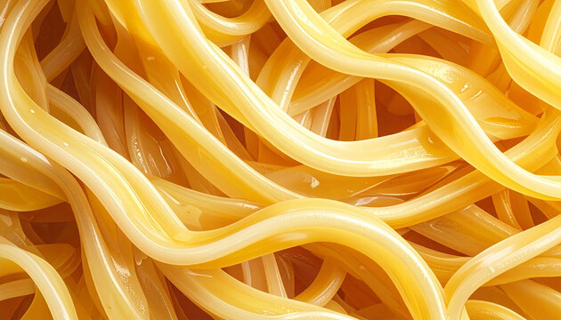Close up of golden cooked noodles with textured strands and highlights