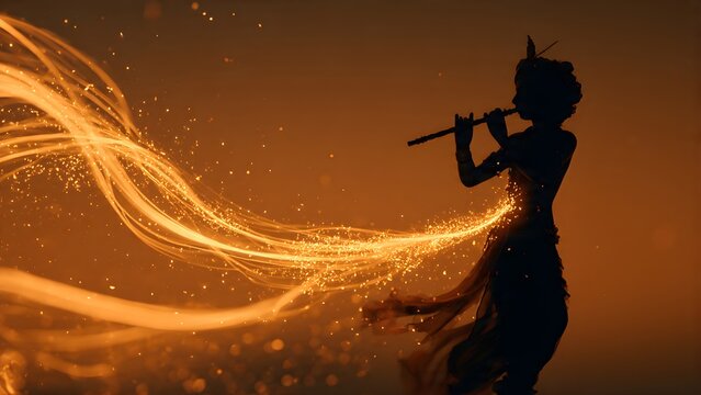 Silhouette of a Divine Flutist with Glowing Light Trails and Sparkling Embers, Evoking Spiritual Harmony
