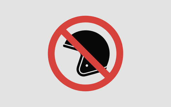A sign displays a motorcycle helmet with a red prohibition symbol on a plain background.