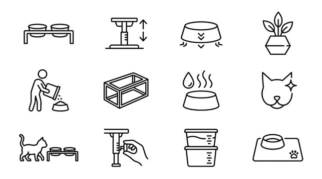 Set of icons representing pet care and feeding accessories for cats and dogs.