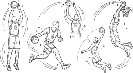 Dynamic Basketball Player Action Vector Set Featuring Line Art Illustrations of Slam Dunks, Dribbling, Shooting, and Scoring for Sports Graphic Designs © MDINSAN