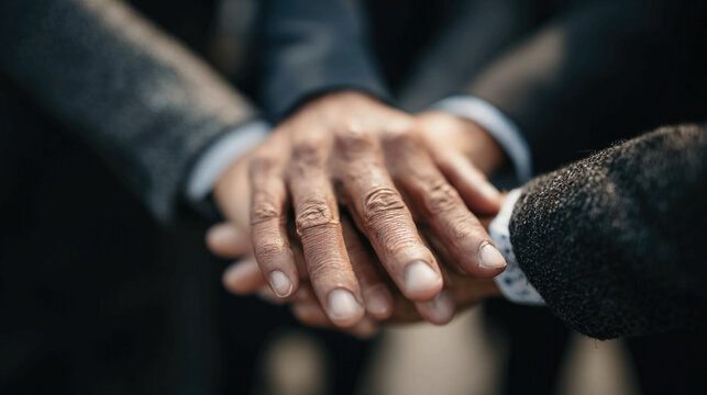 Business people joining hands in collaboration symbolizing teamwork motivation shared success corporate achievement leadership strategy productivity and building strong professional relationships
