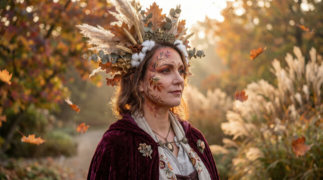 Halloween portrait of mysterious woman with autumn leaf crown and dramatic face makeup in golden fall garden