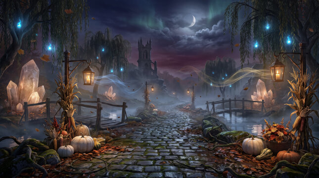 Halloween haunted village with glowing pumpkins, spooky cobblestone path and eerie moonlit autumn night background