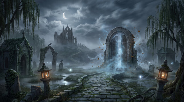 Halloween haunted cemetery with ancient tombstone, spooky cobblestone path and eerie moonlit gothic landscape
