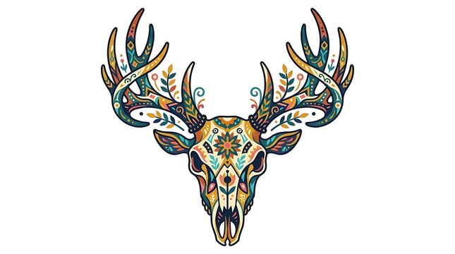 Stylized deer skull with floral patterns and colorful ornaments