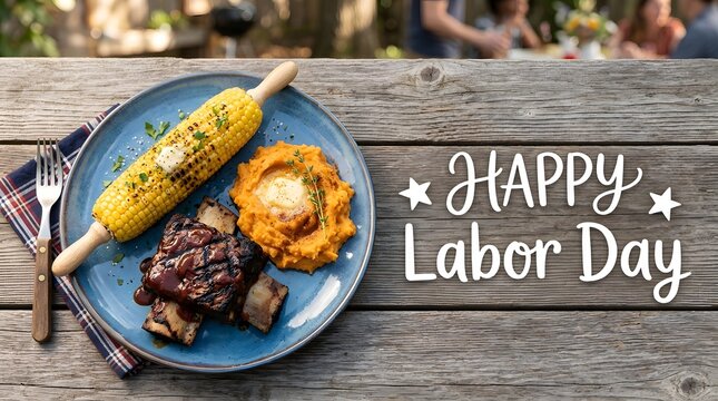 Labour day bbq feast grilled ribs corn on the cob and mashed sweet potatoes holiday celebration