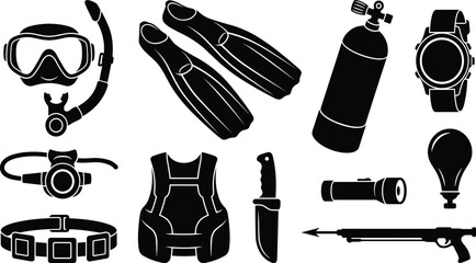Scuba Diving and Snorkeling Equipment Silhouette Icon Set Featuring Mask Snorkel Fins Oxygen Tank Regulator Vest Watch Spear Gun and Underwater Gear Vectors © MDINSAN