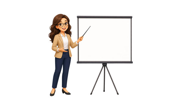 Professional woman teacher or business presenter standing next to a blank whiteboard and pointing with a pointer for educational presentation