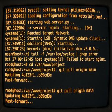 Server log files and code on a dark screen.