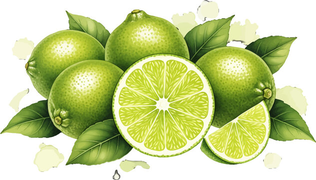 Fresh green lime fruits with leaves and sliced segments isolated on a white background vector illustration