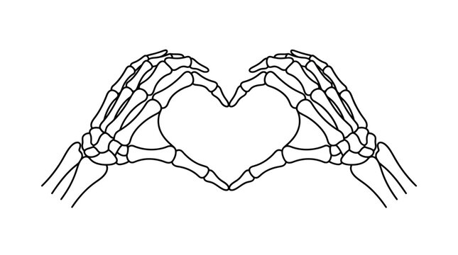 Happy Holloween day 2026 Skeleton hands heart shape, bone gesture, love symbol, black line art isolated on White Background flat vector eps silhouette