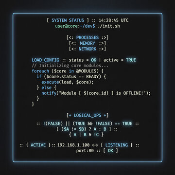 System terminal display with software code and status.