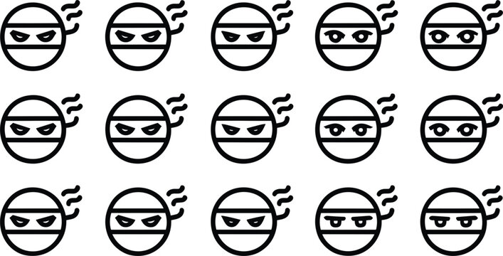 Ninja emoji face icons set showing various eyes expressions in outline style isolated on white background