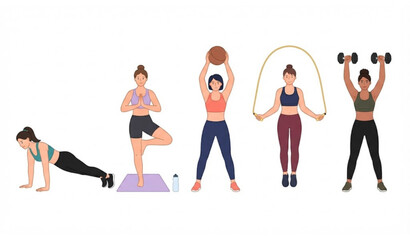 Fototapeta premium Group of athletic women performing fitness exercises isolated on white background flat vector illustration