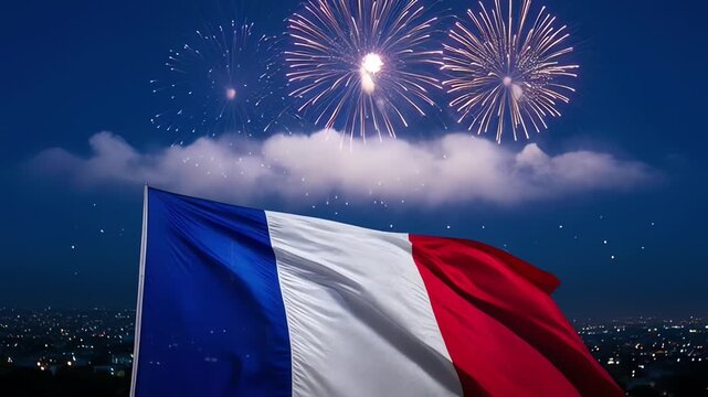 French flag waving over city at night with fireworks, Bastille Day celebration in France