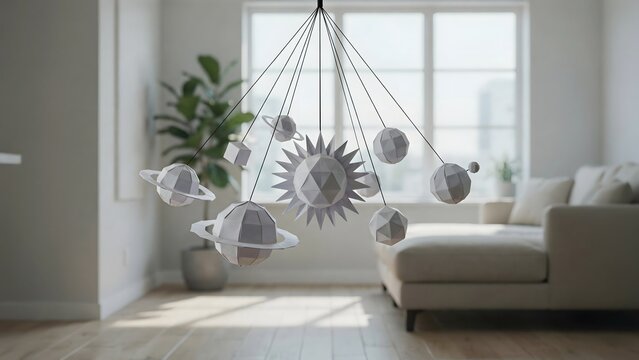 Modern Living Room Decor with Solar System Pendant Light and Natural Lighting