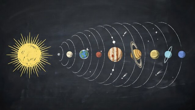 Artistic illustration of the solar system with planets and celestial bodies on black background
