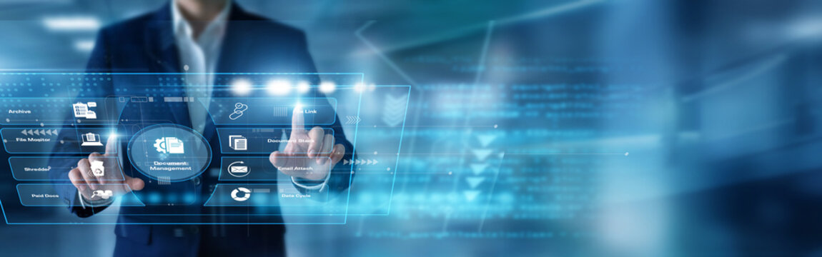 Records coordinator scanning files using hands organizing enterprise Document Management archives upon a secure virtual screen sorting digital paperwork. Improving office workflows daily.