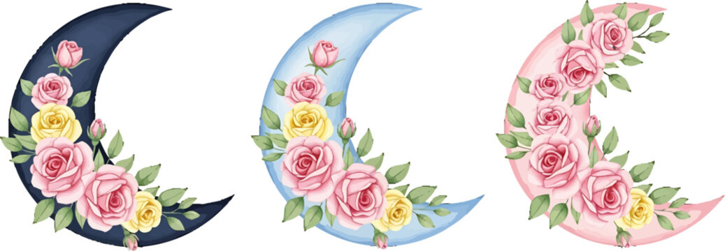 Watercolor crescent moon set decorated with pink and yellow roses and green leaves for romantic design projects