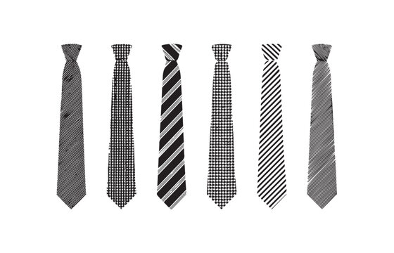 Collection of black neckties with various patterns and textures isolated on transparent background.