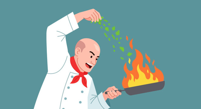 An enthusiastic bald chef in a white uniform and red scarf dynamically adds green herbs to a flaming frying pan, demonstrating exciting culinary expertise.