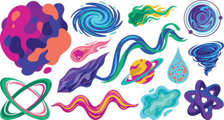 Abstract cosmic space vector illustration set featuring colorful planets swirl galaxies and nebula elements for futuristic branding and poster design graphics © Protima