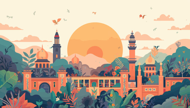 Vibrant illustration of a majestic palace complex surrounded by lush greenery and a large sun at sunset.