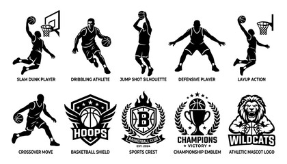 Fototapeta premium Basketball Sports Logos Collection with Player Silhouettes, Shields, Emblems, and Championship Text for Athletic Branding