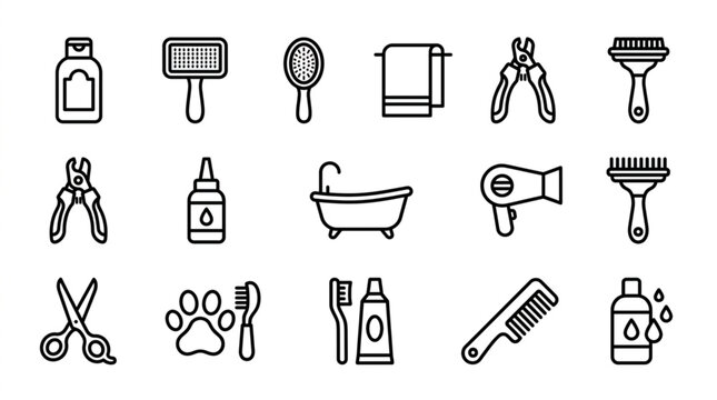 Collection of Pet Grooming Tools and Accessories Icons.
