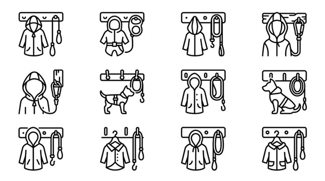 Collection of dog coats and leashes hanging on hooks.
