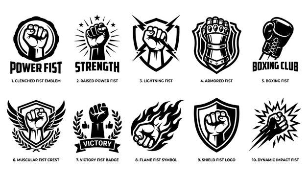 Boxing Fist Emblem Set with Flexing Muscle Icon Badges, Lightning and Shield Designs on White Background