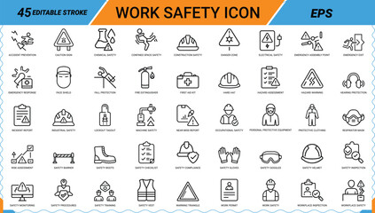 Work safety icon set featuring 45 linear symbols for industrial health and hazard prevention. © Bellal Icon Studio